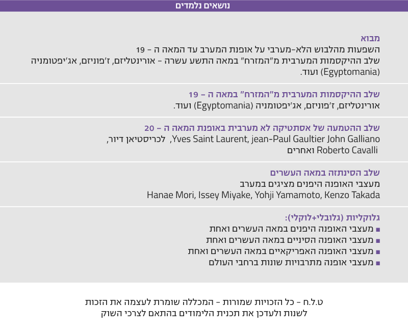 הנושאים הנלמדים מבוא השפעות מהלבוש הלא-מערבי על אופנת המערב עד המאה ה - 19 שלב ההיקסמות המערבית מ"המזרח" במאה התשע עשרה – אורינטליזם, ז'פוניזם, אג'יפטומניה (Egyptomania) ועוד. שלב ההיקסמות המערבית מ"המזרח" במאה ה - 19 אורינטליזם, ז'פוניזם, אג'יפטומניה (Egyptomania) ועוד. שלב ההטמעה של אסתטיקה לא מערבית באופנת המאה ה - 20 ,Yves Saint Laurent, jean-Paul Gaultier John Galliano, לכריסטיאן דיור, Roberto Cavalli ואחרים שלב הסינתזה במאה העשרים מעצבי האופנה היפנים מציגים במערב Hanae Mori, Issey Miyake, Yohji Yamamoto, Kenzo Takada גלוקליות (גלובלי+לוקלי): ˆ מעצבי האופנה היפנים במאה העשרים ואחת ˆ מעצבי האופנה הסיניים במאה העשרים ואחת ˆ מעצבי האופנה האפריקאיים במאה העשרים ואחת ˆ מעצבי אופנה מתרבויות שונות ברחבי העולם ט.ל.ח - כל הזכויות שמורות - המכללה שומרת לעצמה את הזכות לשנות ולעדכן את תכנית הלימודים בהתאם לצרכי השוק